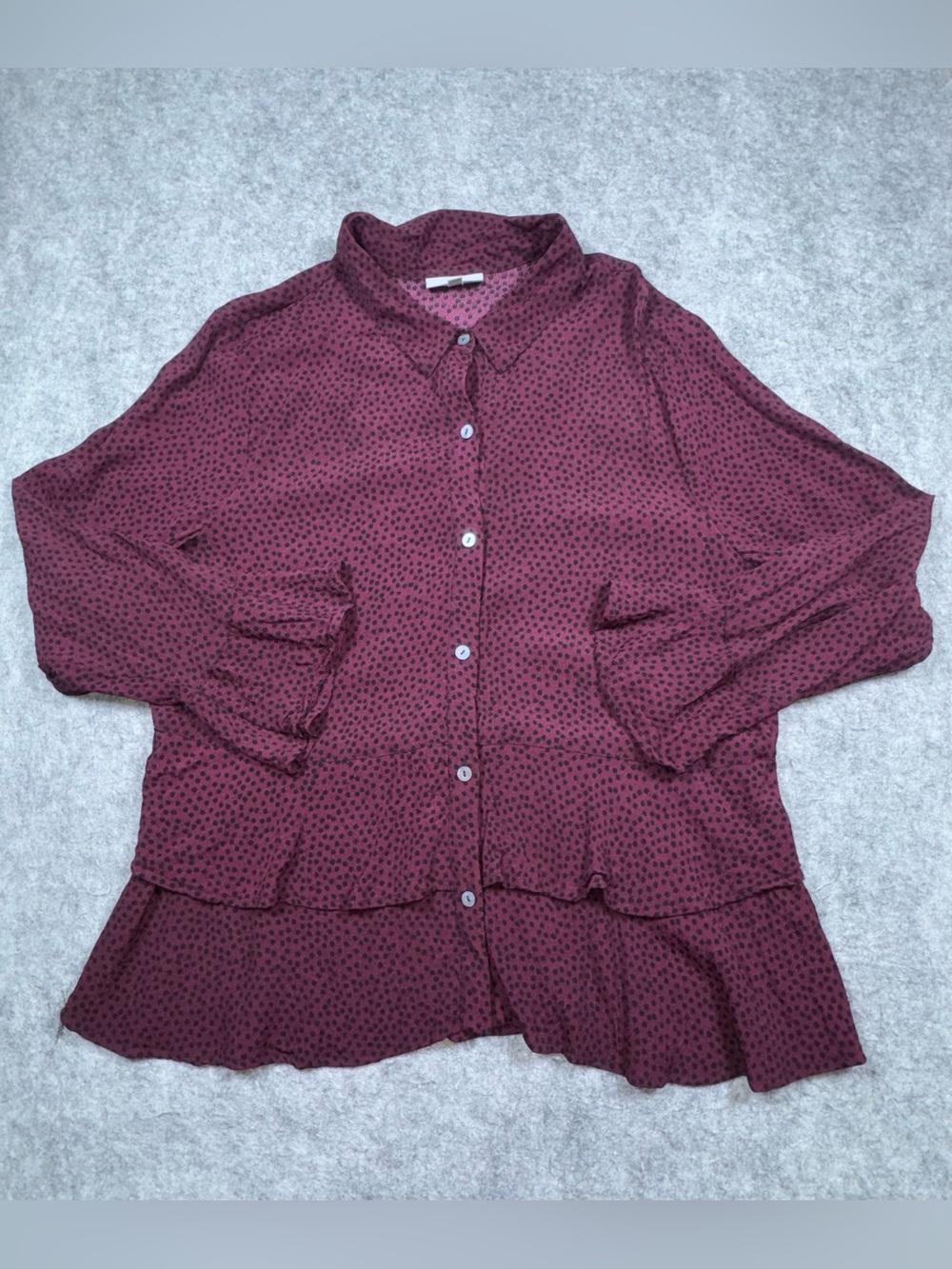 Habitat Women's XL Maroon Burgundy Black Polka Dot Long Sleeve Tiered Button Top
